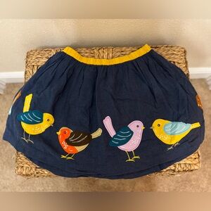 Boden Navy Skirt with Yellow Waistband and Colorful Bird Appliqués